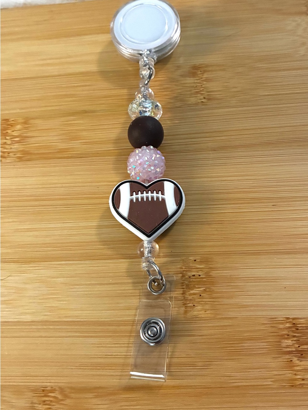 Pink and Brown Beaded Football Heart Badge Reel